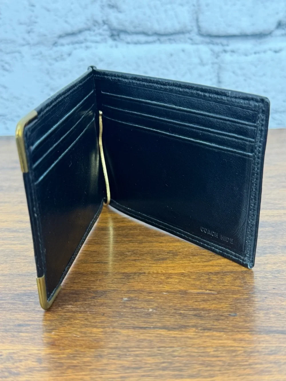 COACH Smooth Leather Money Clip Bi-Fold Wallet — Black w/ Brass — VGC